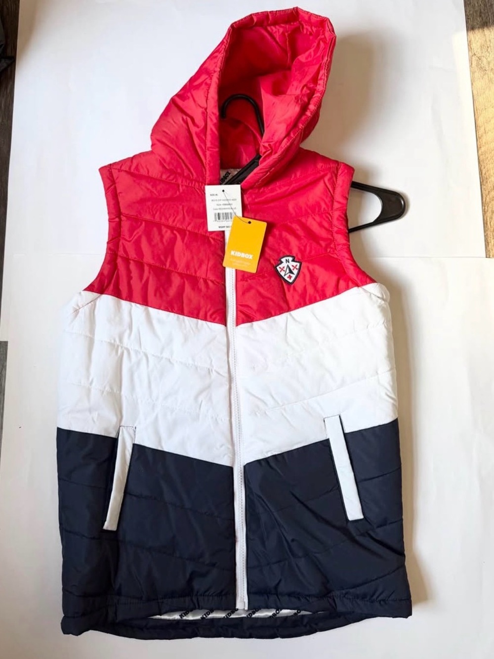 Kids Hooded Colorblock Puffer Vest - Red/White/Navy Boys Size XL
